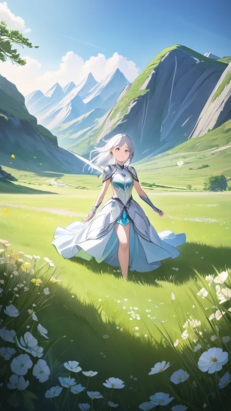 1 girl, ( cute face),  medium hair,  silver hair,  fantasy dress armor, Delicate decoration, Medium breasts, dreamy expression, I have a longsword,  cowboy shots, Calm smile,  break,  Vast Prairie , ( Soft Sunlight:1.3), shining green grass, flower々is in f...