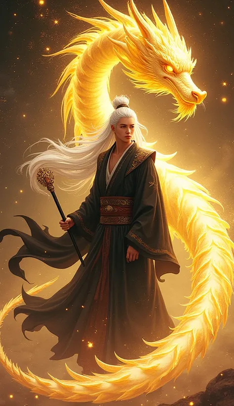 Brilliant golden sky spreading stars in black robes Silver long hair on left hand holding a panhandle on the right hand man holding a triple disc Yellow Dragon tail on the tail of a young dragon Taishi and a red nine-tailed fox
