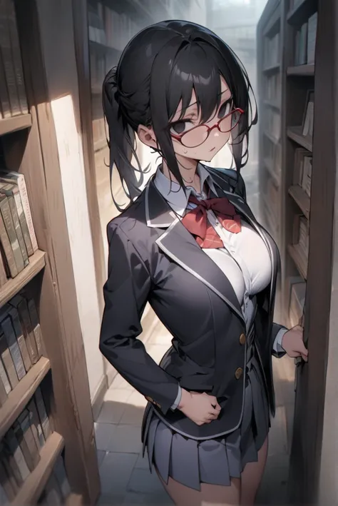 （masterpiece, Best Quality:1.2)、 high school girl、Black Hair、long hair、Black Eyes、empty eyes、 slender、（Glasses）、school uniform, middle breast, blazer, no expression、 full body、Library、 put your hands on the side bookshelf 、Stick your butt out to the side 、...