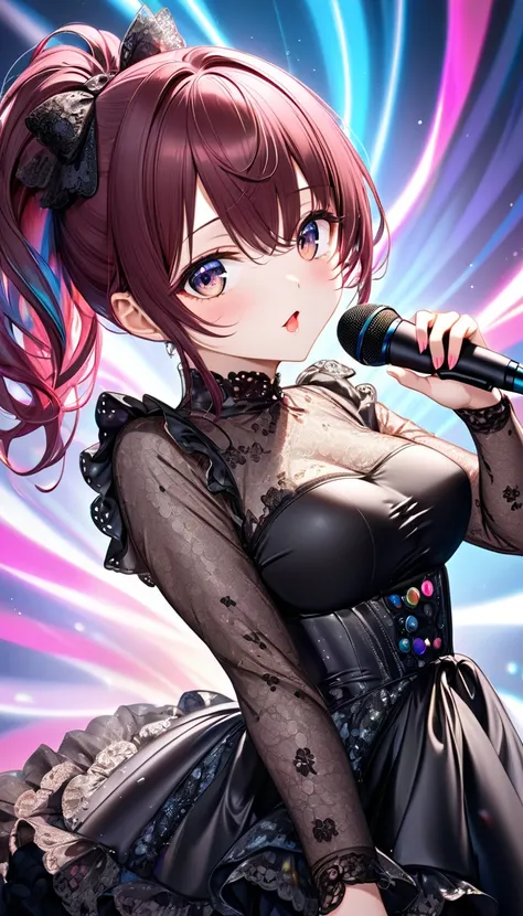 cute and cool beauty virtual idol, singing with microphone, white shiny silky disheveled ponytail, make up, amorous and lewd expression, captivating eyes, cortesy, elegance, dignity, curvaceous, wearing shiny copper-plated and jet black fluffy lace idol-st...