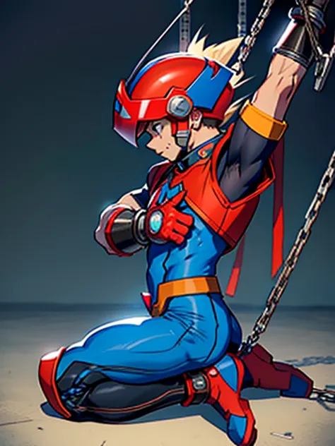 axl(mega man x)　axl　boy in tights 　 helmet 　kneeling　 realistic skin　 side view 　全身boy in tights 　 raises arms　boy in spats 　 is...