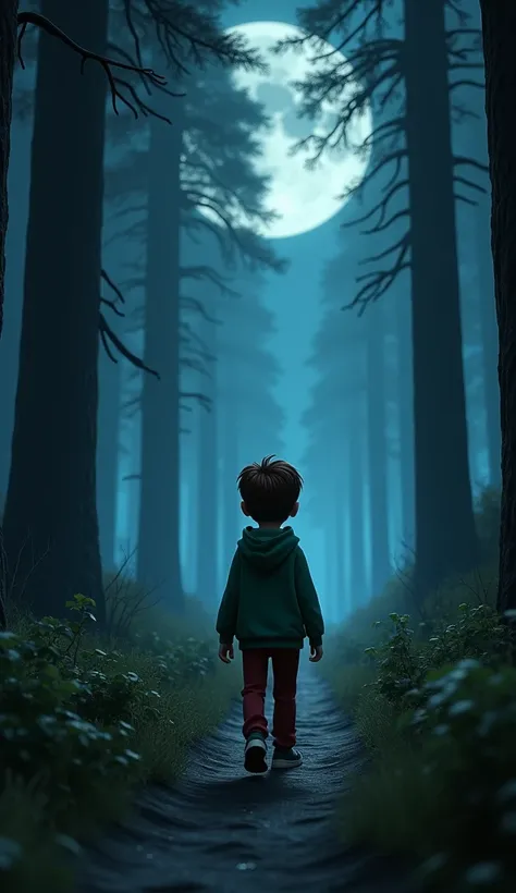 "Create a 3D animation scene of a young boy named Ethan, around , walking alone in a dark, dense forest. Ethan has short brown hair and is wearing a green hoodie, red pants, and black sneakers. The forest is filled with tall, shadowy trees, with a misty at...