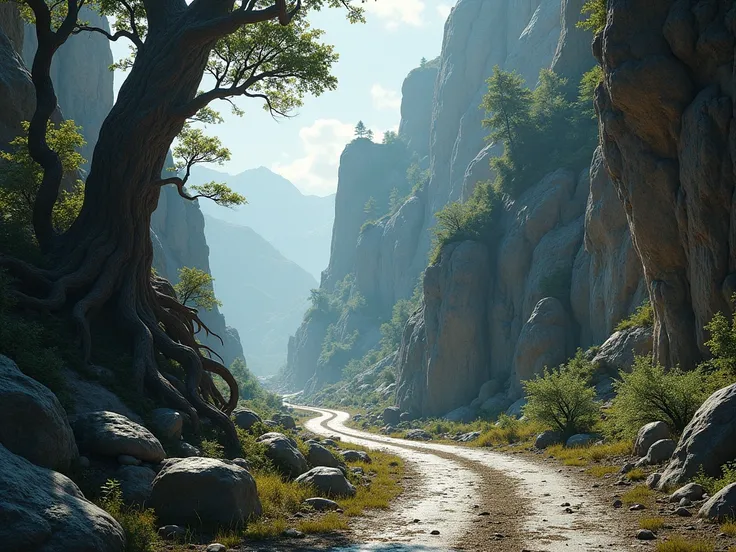 rocks gorge gnarled tree road stones