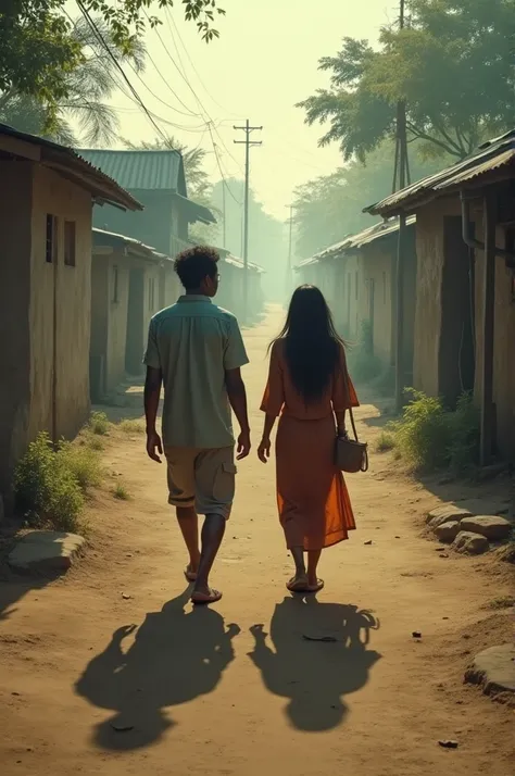 “Ravi and the woman walking through the village, her figure slightly transparent, casting an unnatural shadow.”