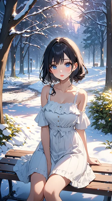 winter、Snow Country、(masterpiece, Best Quality:1.2), Illustration, anime, (Wide Shot), Model shoot, One girl, (Under the arms), Long black hair, Pretty lips, Beautiful Face, beautiful eyes, White sundress, Backlight, Vibrant colors, evening, 8k, Ultra HD,「...