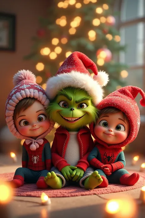  group of 3 animated baby characters with hats and Christmas lights. The Grinch, Spider Gwen and Spiderman .