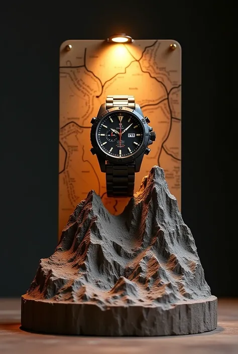 "Create a 17 x 17 cm watch display with a premium outdoor durability theme, inspired by mountain resilience. Use rust-proof metal with a natural stone texture for the base, designed in a shape resembling mountain peaks for a sturdy look. Incorporate a cont...