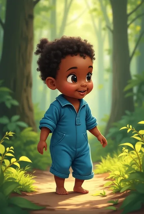 Dark-skinned  in blue jumpsuit baby barefoot in the woods written by Paulinho on the bottom in the Pixar traits