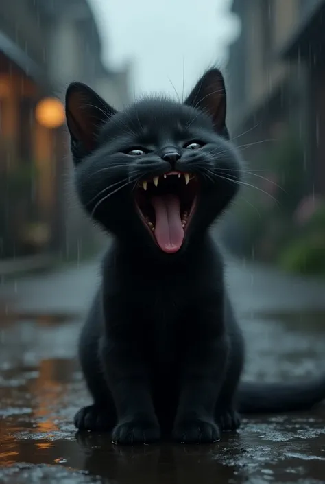 世界一可愛い黒い子猫が大きなyawnをししている、((Realistic:1.3))、It rains、Rainy Town、yawn