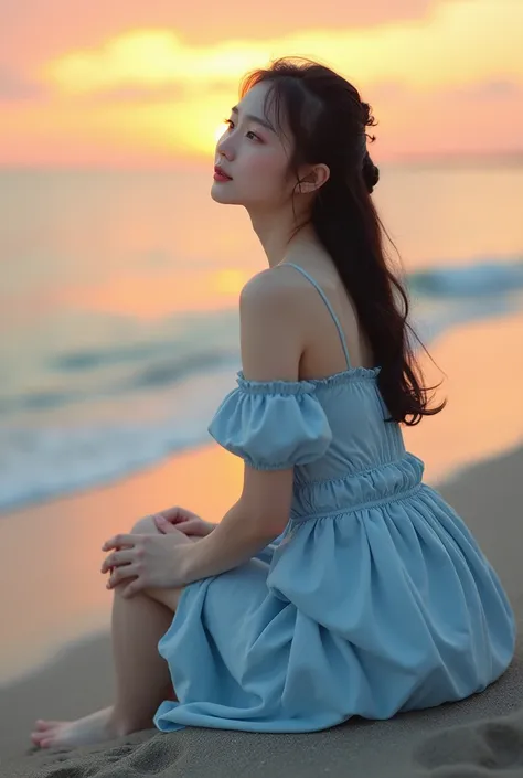 photograph、 Beautiful Japanese girl, Light blue dress without shoes 、 sitting comfortably on the seashore watching the sunset、Big Breasts