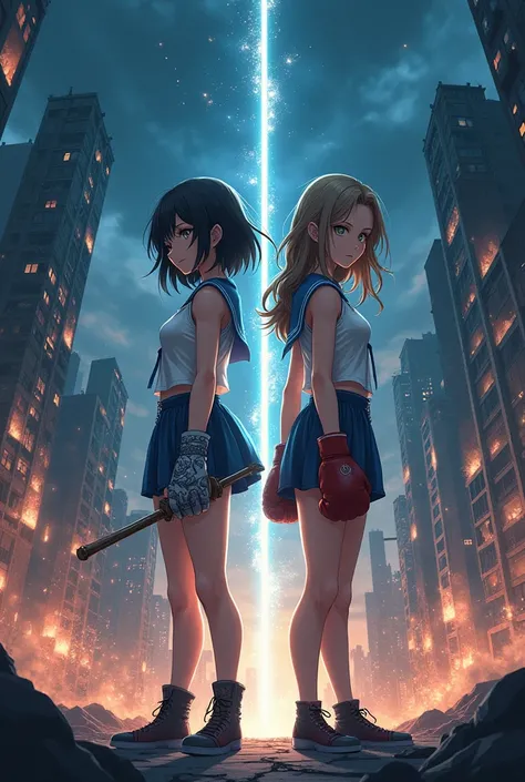 (Amazing. Super high quality. So beautiful. Super detailed. Perfect face. Perfect eyes. Perfect anatomy. Masterpiece. Incredible. Perfect lighting.) Dim colors. Panoramic shot. Japanese 2D anime illustration. Watercolor style. Two people, a sailor girl wit...