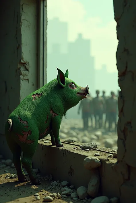 Bombed green pig looking at zombies out the window 