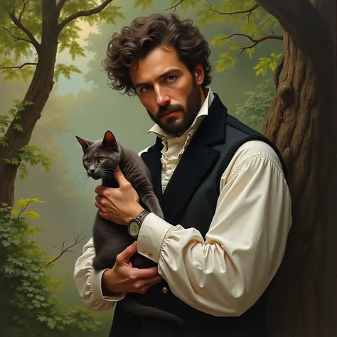 Alexander Sergeyevich Pushkin with a cat in his arms, nature around