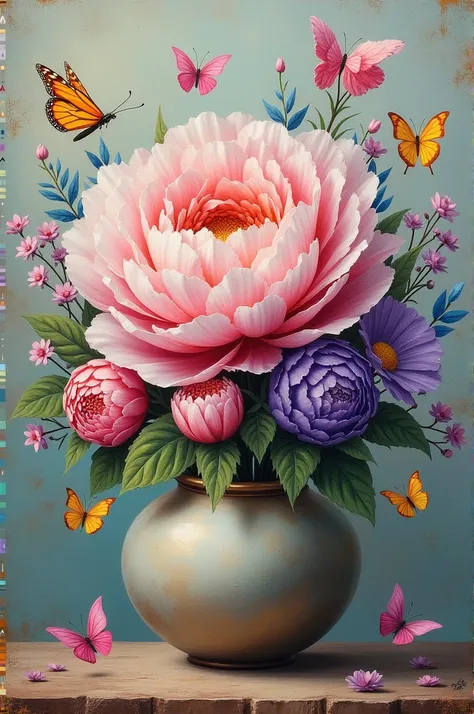 Create big flower of pink,purple white colors with round vase. mix media background semi realistic art .....also add butterflies flying around