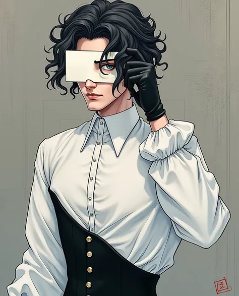 In the picture,  you can see a male character with an elegant and mysterious appearance . Her hair is curly, negro,  and falls in tufts that frame his face in a disordered but carefully stylized way .  His facial expression is serious and enigmatic ,  with...