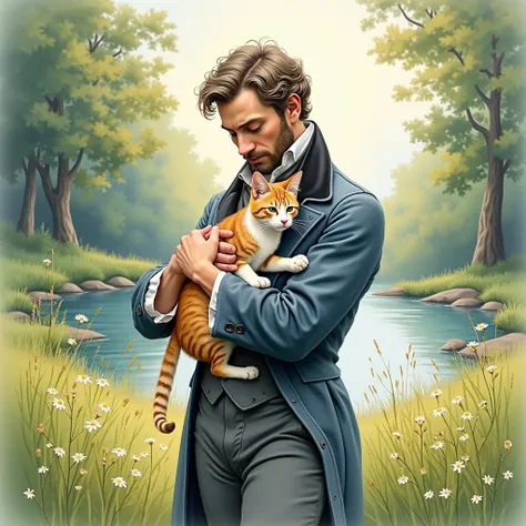 Alexander Sergeyevich Pushkin with a cat in his arms, nature around, watercolor image