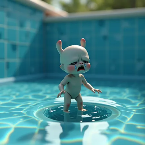 A small 3D  is trapped next to a drain at the bottom of the pool, crying