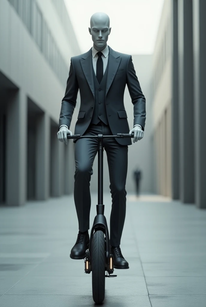 Adult male mannequin wearing a suit riding a electric unicycle