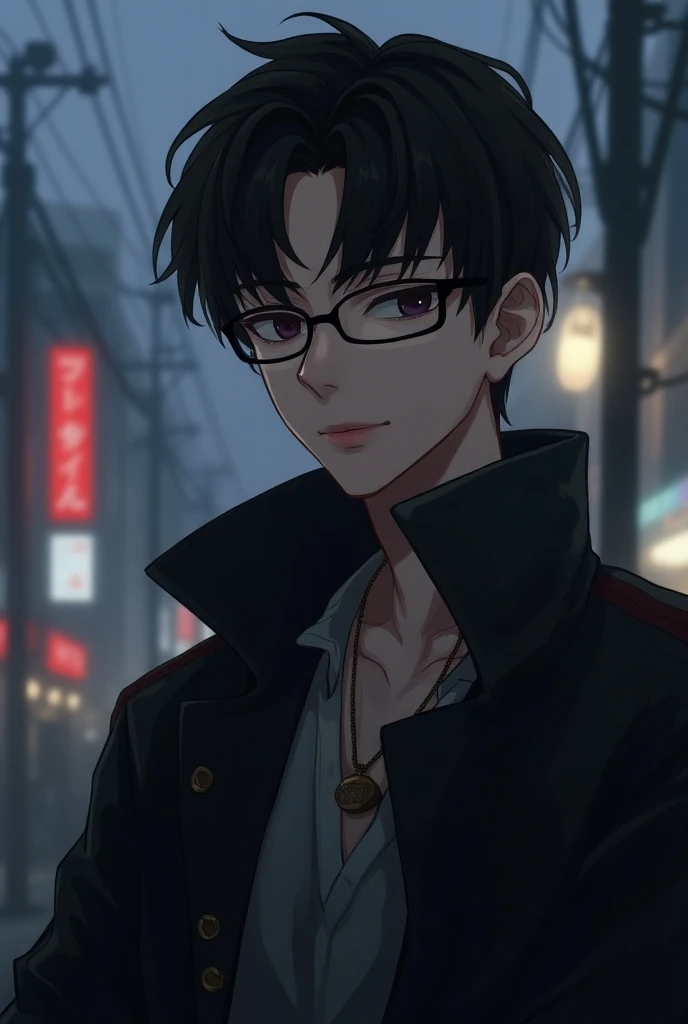 A boy with black hair and have glasses ,18 year old, tall and was handsome look like a anime ? He was cold and was older