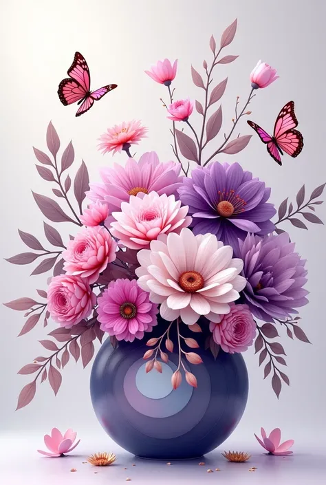 Create big flower of pink,purple white colors with round vase with abstract art style .....also add butterflies flying around