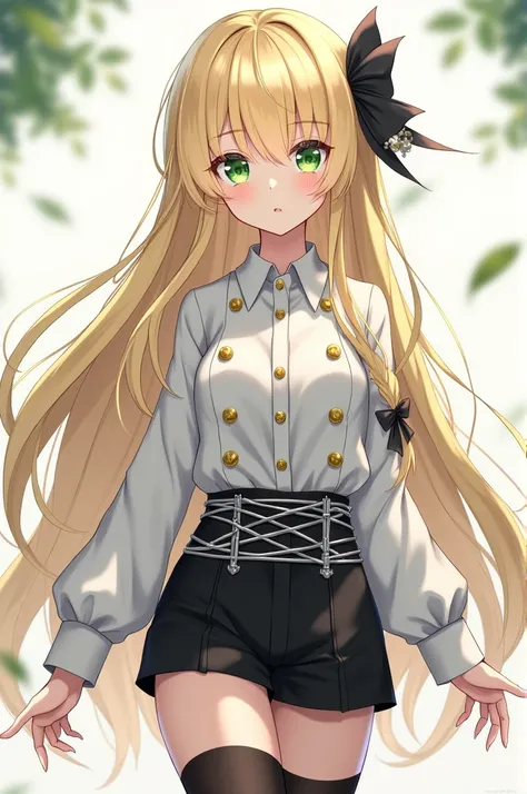  Create an image of a blonde girl with long hair up to her hips and emerald green eyes ,  she is wearing a shirt with a long sleeve collar in white , The buttons were gold ,  the sleeves are folded a little and crowned with a ribbon bow in black .  At the ...