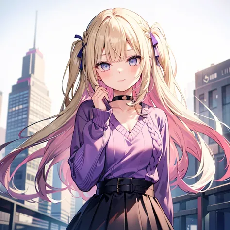  1 girl, Blonde, Long Hair, Straight Hair,  medium breasts,(Purple Sweater:1.4),(((V-neck sweater))),The perfect sweater,White Skirt, long skirt,(( high-waisted skirt with hands on back)), choker, blue eyes, Droopy eyes,  close your mouth, happiness/joy,  ...