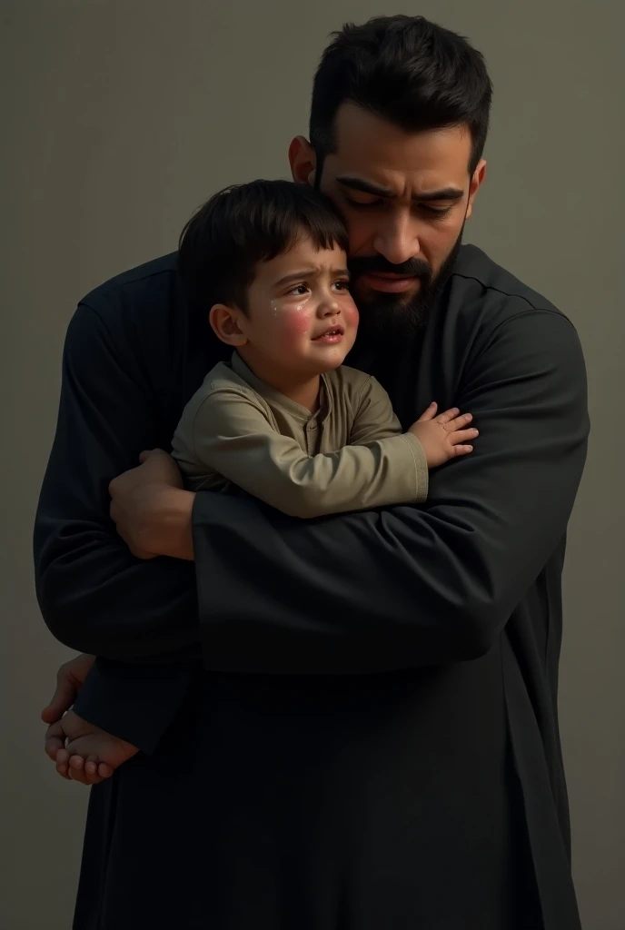 Four year muslim boy jis ne kurta pajama phena hua hai aur wo apne father ke lage lag kar ro raha hai father ne black kurta pajama phena hua hai 