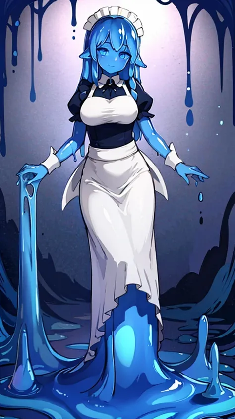  ((masterpiece,best quality,ultra-delicate,Perfect Face,16k,high resolution,very beautiful girl)),blue slime girl,high viscosity blue slime body,black and white maid dress:1.5,large breasts,,smile,blue slimy caves,melting body,transparent,long hair