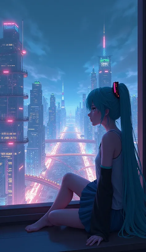 nighttime view of Hatsune Miku sitting near a window looking out at a city, dreamy cyberpunk girl, cyberpunk dreamscape, dreamy night, in cyberpunk city, digital cyberpunk - anime art, calm night. digital illustration, inspired by Yuumei, digital cyberpunk...