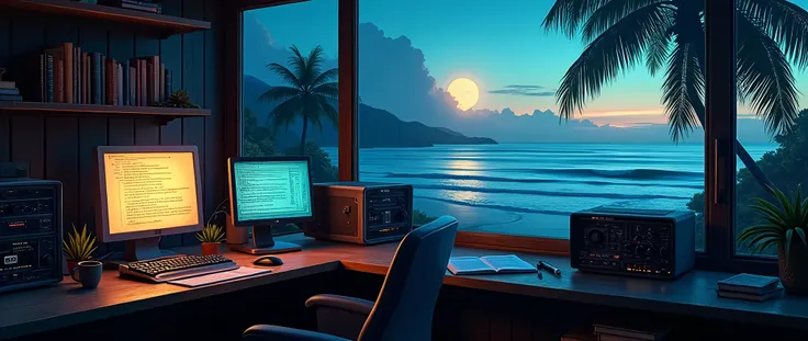 [NO PEOPLE] remote scientific outpost, desert island in the pacific ocean, palms trees, surf,, view from inside, several computer monitors, equipment, oscillators, cup of coffee, norebooks, paper, pens, [[no people, empty room]], night time, area lit up by...