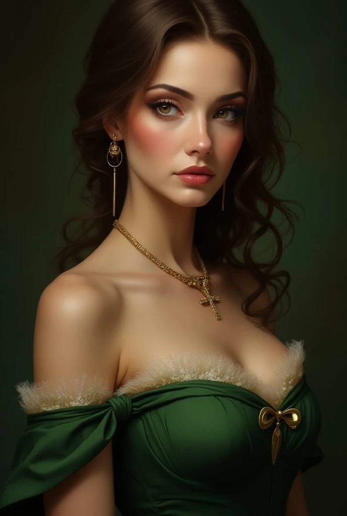 A woman with a beautiful round face, wearing a green dress with a crossed necklace, a charming seductive woman, a sexy girl with hazel lensed eyes, with brown hair and hazel eyes, a gorgeous woman, a beautiful woman with semi-sharp features, Renaissance st...