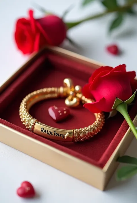 Magic Prompt

A photo of a gold bracelet with the text "RAJU TONNI " on a nameplate.

The bracelet is elegant and has a detailed design. It sits next to a heart-shaped stone. They are inside a gift box and next to the gift box is a beautiful red rose. The ...