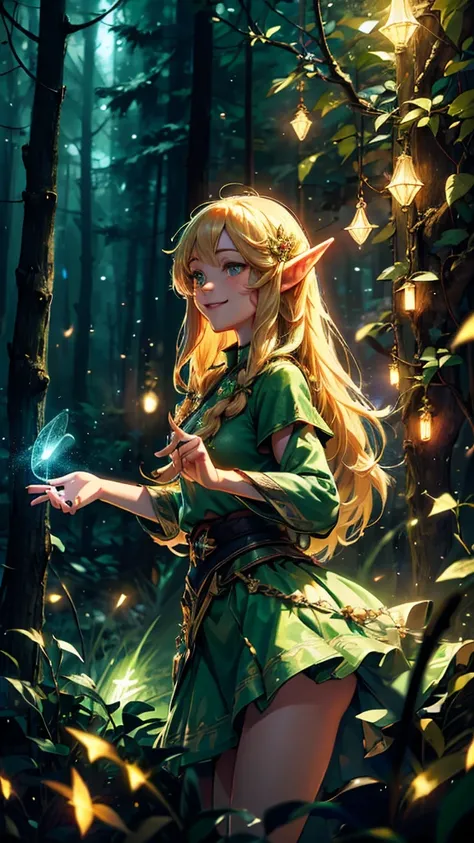  best quality， official art ，8K wallpaper， Extremely detailed，Illustration， Beautiful Elf Girl 、Forest Elf、Fireflies dance 。Forest Night、Long Hair,  3d rendering , 8K Octane, smile