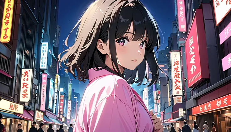 (Highest quality, 4K, 8k, High resolution, masterpiece:1.2), Very detailed, Picturesque, Anime style photo, Photo Anime:1.37)、A beautiful Japanese woman, Shinjuku at night, 
black hair, 1980s, whole body