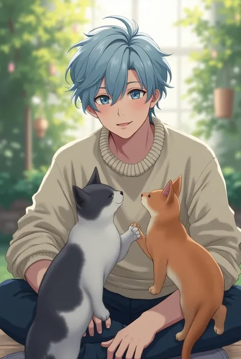  light blue hair
Height 175 cm
Male in his 20s
Im wearing a sweater
Has bangs
mashed
light blue eyes
Playing with cats
smile, Tsundere looking at the cat , 
 legs sitting in the garden out of the frame , 