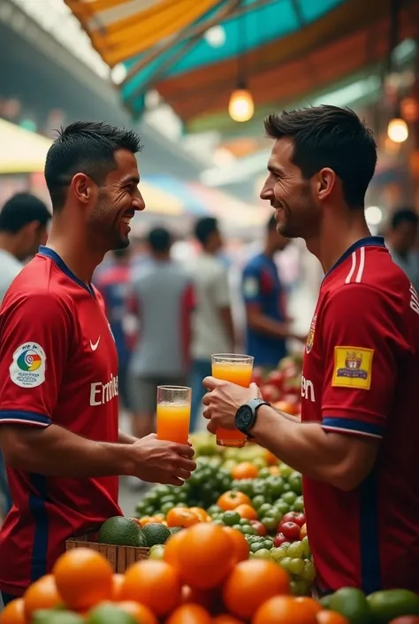 A image where ronaldo is offering juice to messi foot baller in hd quality and looking towards camera in market