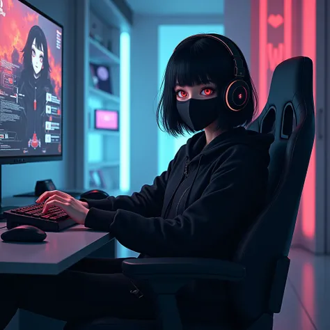 A  anime gamer girl sitting on a gaming chair looking at the screen, with headphones,bob cut, full black clothes with black mask, cyberpunk vibe