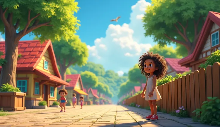 A vibrant village square during a sunny afternoon, with cobblestone streets and colorful houses surrounded by lush green trees. A  girl named Lila, with wild curly hair and sparkling eyes, is standing near a wooden fence, gazing at the forest beyond. Her e...