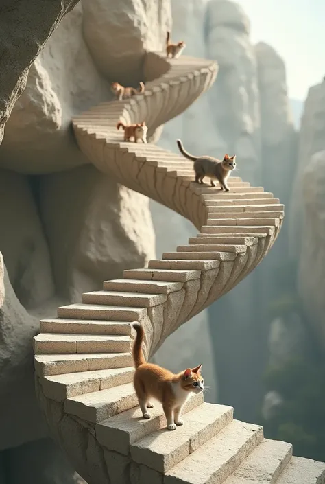 Penrose stairs made of very realistic stone, with cute cats happily walking on them, simple background