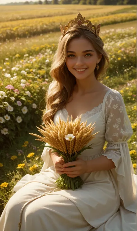 A beautiful woman in a white dress, wearing a crown of flowers on her head, and holding a bunch of wheat in her hands, is sitting in a field of beautiful flowers, the woman is smiling, and it is sunset with a beautiful sun