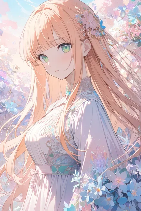 (masterpiece, top quality, very aesthetic, 4k、illustration), (ephemeral girl),(upper body),(soft colors)、、(Pastel colors)、(in a ephemeral and beautiful　world),(in a bright and colorful world),(long hair),intricate detail, 1woman,solo,(Clear and calm woman)...