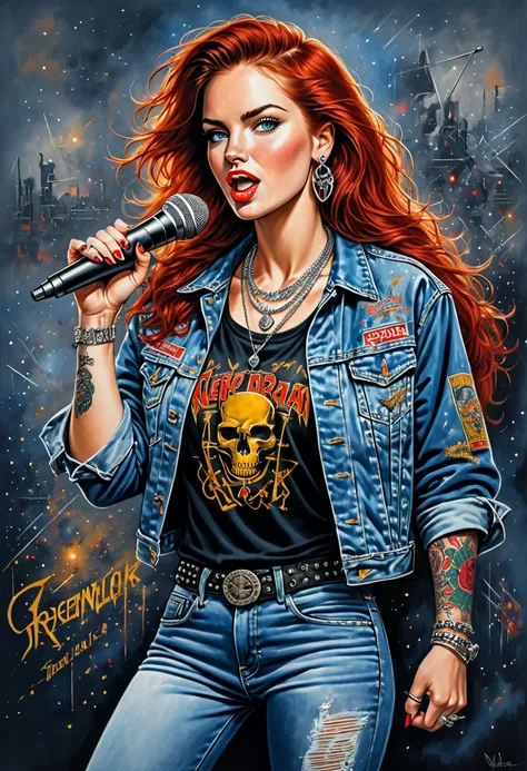 Illustration, realistic proportions, 1 woman, twenty five years, long red hair, freckles, blue eyes, tattoo on neck, decent earrings, collar with golden pendant, silver necklace, Heavy Metal Band T Shirt, Jeans jacket, 80s style, holding a microphone, sing...