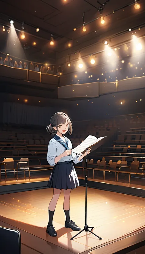 (masterpiece, 8k), (best quality, high quality:1.4), perfect anatomy, hyper detailed, ultra detailed, perfect design, 1girl, solo, standing on stage in school gymnasium, holding a script in hands, speaking passionately, dramatic pose, school uniform, brigh...