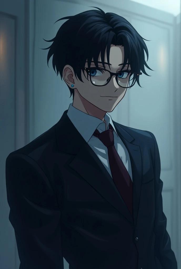 A anime boy with a black hair and blue eyes, he was 18 year old and have glasses, tall. He cold with older and handsome? Be dangerous and always smirked