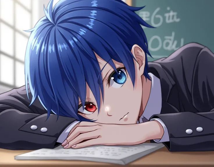  AN 18-year-old male student with blue hair eyes of different colors left eye the Silies color blue ,.Right eye the Silies color red ,,. School clothes head on the table I see 