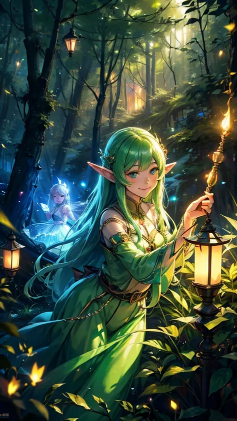  best quality， official art ，8K wallpaper， Extremely detailed，Illustration， Beautiful Elf Girl 、Forest Elf、Fireflies dance 。Forest Night、Long Hair,  3d rendering , 8K Octane, smile、The Glowing Fairies 。 have lanterns。dagger