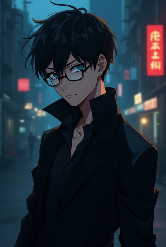 A anime boy with a black hair and blue eyes, he was 18 year old and have glasses, tall. He cold with older and handsome? Be dangerous and always smirked ,like a play boy