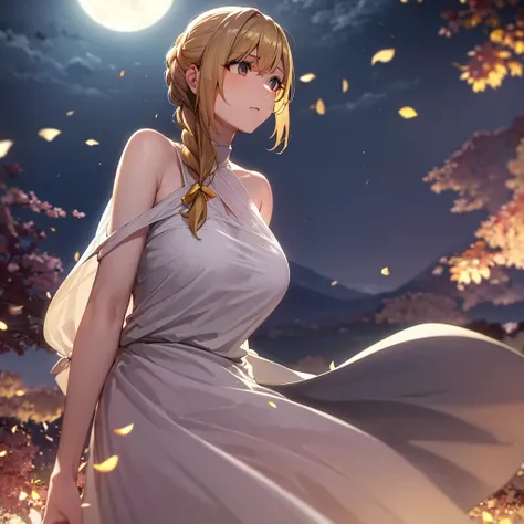 A beautiful girl with blonde hair tied back, standing under a huge full moon, clothes flying in the wind, eyes like sapphires, nothing around her, late at night