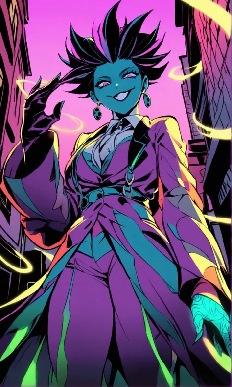 DC villain Jinx (sexy classic Jinx costume, outlandish comic theming, evil smile) is teasing the viewer, energy swirls around one hand. Streets of New York
