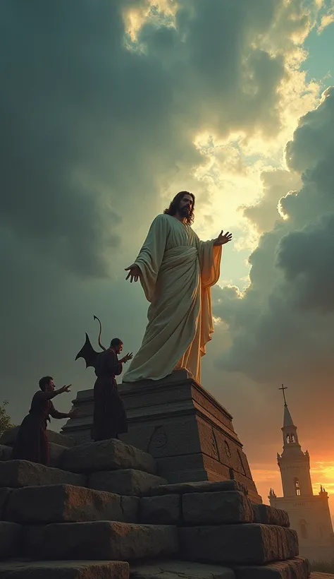 Jesus on top of the temple, under a dramatic sky, with the devil at His side offering a temptation, but He remains firm, refusing